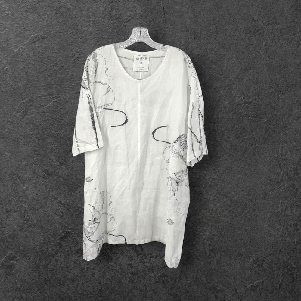 GRIZAS Oversized 100% Linen Shift Tunic Dress M White Artsy Lagenlook Coastal